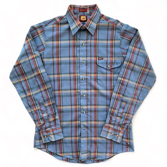 Vintage Other - Vintage Lee Plaid Western Dress Shirt Cowboy Button Down Rodeo Ranch Blue Red M